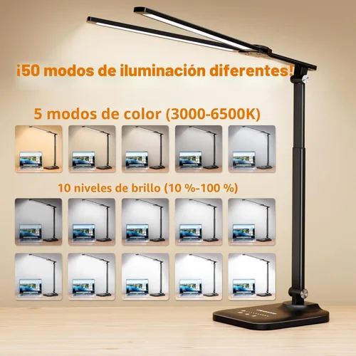 Vista 4 de CHARYJOD - Lámpara LED de escritorio para oficina en casa, luz de escritorio de arquitecto de altura ajustable con adaptador USB, lámpara