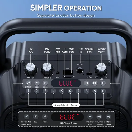 Vista 5 de Máquina de karaoke, altavoz Bluetooth portátil con 2 micrófonos inalámbricos para adultos y niños con luces, micrófono de karaoke con sistema PA