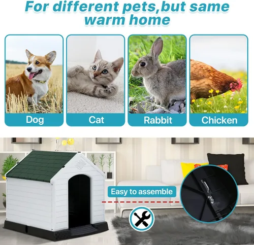 Vista 6 de Casa para perros para interiores y exteriores, impermeable, ventilada, de plástico, jaula de refugio para mascotas con ventilación y suelo elevado