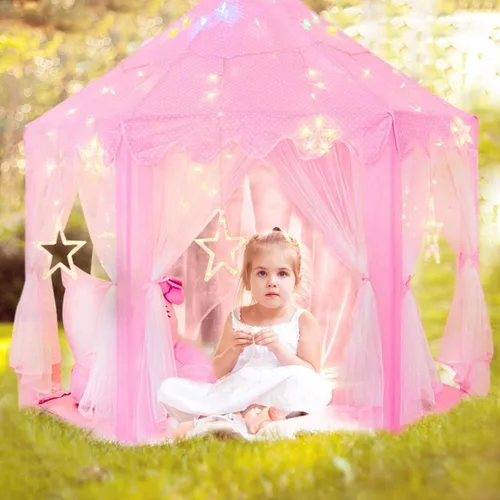 Vista 2 de Sumbababy - Tienda de campaña de castillo de princesa para niñas, tienda de campaña hexagonal, casa de juegos con grandes luces de estrella