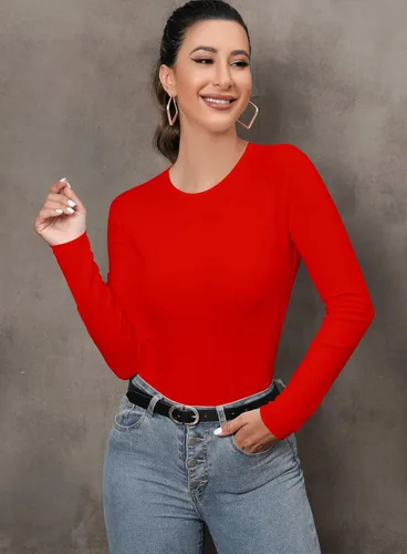 Vista 2 de MANGDIUP Bodysuit for Women Round Neck Long Sleeve Stretch Tops Jumpsuit