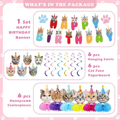 Vista 5 de Decoraciones de cumpleaños con temática de gato, incluye 1 pancarta de cumpleaños, 6 centros de mesa de panal, 6 espirales colgantes con 6 recortes