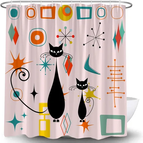 Vista 7 de Mid Century Atomic Cat Modern Shower Curtain Abstract Geometric Teal Orange Yellow Black Cat Retro 50S Beige Fabric Bathroom Curtain Set with Hook