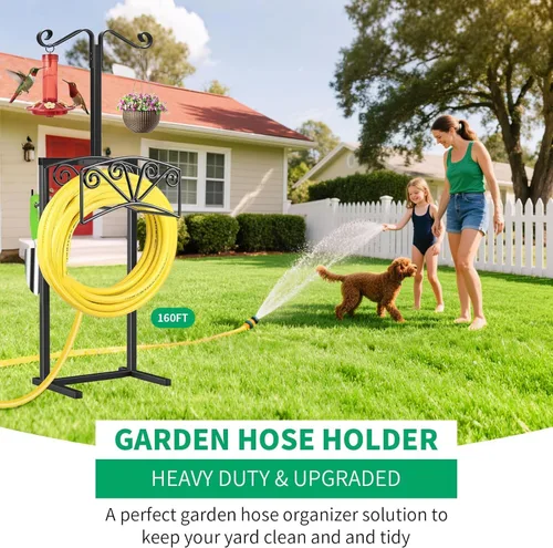 Vista 7 de TomCare Soporte para manguera de jardín con 2 ganchos de pastor, soporte para manguera de agua resistente con capacidad para mangueras de 160 pies