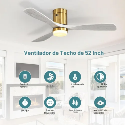 Vista 9 de Sofucor Ventiladores de techo inteligentes de 52 pulgadas con luces - montaje al ras de perfil bajo, modernos ventiladores de techo de madera maciza