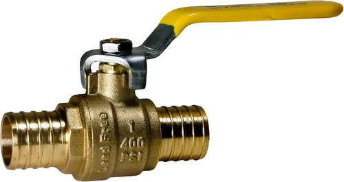 Vista 2 de XFITTING Paquete de 10 válvulas de bola Pex Barb de 1 pulgada, mango amarillo, válvula de bola Pex de puerto completo, latón
