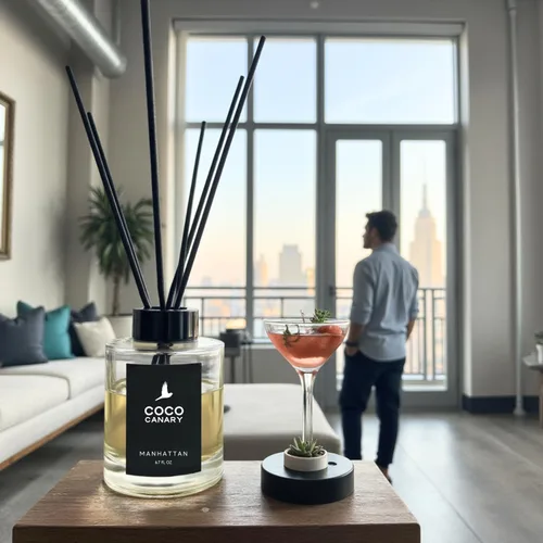 Vista 2 de Coco Canary Juego de difusor de varillas de 6.7 onzas líquidas, fragancia para el hogar, Manhattan, aroma masculino de larga duración, notas