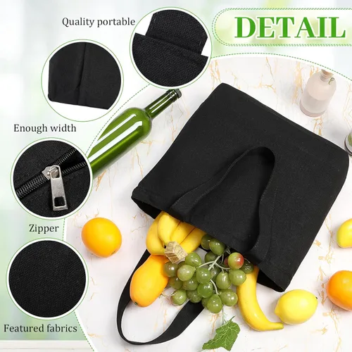 Vista 4 de Sanwuta 10 bolsas de lona negra a granel con asas de cremallera de 16.5 x 3.9 x 13 pulgadas, bolsa de lona de algodón en blanco, reutilizable