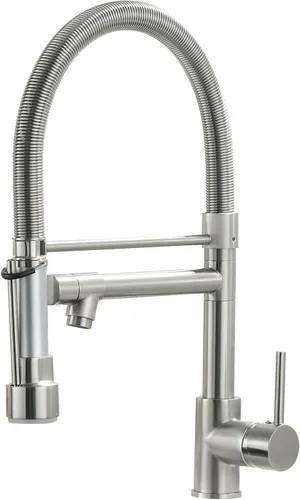Vista 9 de Grifo de cocina extraíble con rociador, Fapully - Grifo de fregadero de cocina comercial negro primaveral con níquel cepillado