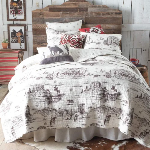 Vista 2 de Tumbleweed Trail King - Edredón vintage de vaquero occidental, ropa de cama reversible marrón y crema, 106 x 92 pulgadas