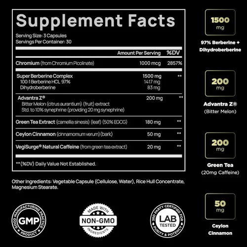 Vista 2 de 141,500 mg GLP-1 Berberina Suplemento para pérdida de peso + dihidroberina, canela de Ceilán, picolinato de cromo, melón amargo - 100 veces