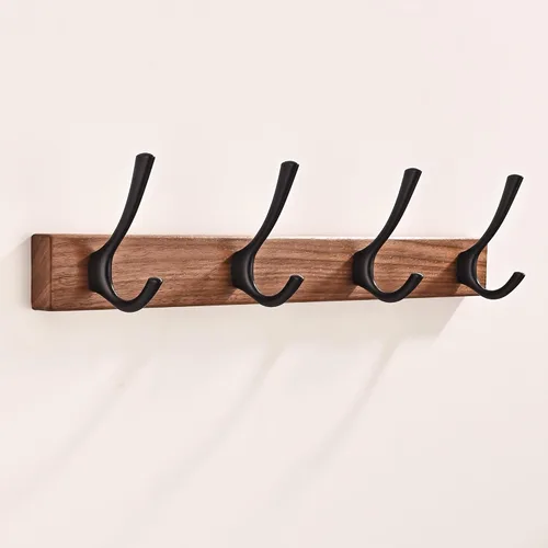 Perchero de pared pequeño de madera de nogal de 17.3 pulgadas con 4 ganchos, colgador de chaquetas de madera resistente montado en puerta para