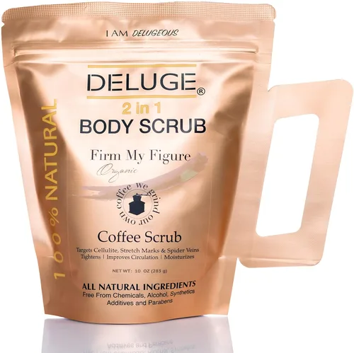 Vista 7 de Deluge Exfoliante de chocolate para celulitis y estrías, exfoliante corporal y tratamiento hidratante para celulitis con manteca de karité, aceite