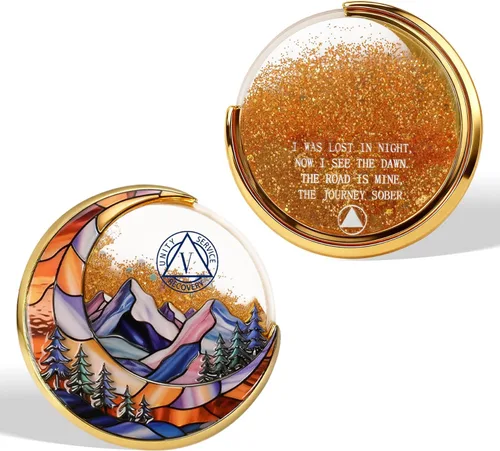 Vista 8 de Moving Sand - Moneda de sobriedad de 1 año – Moneda sobria de arena de flujo brillante, medallones de recuperación de chip AA de afirmación, regalos