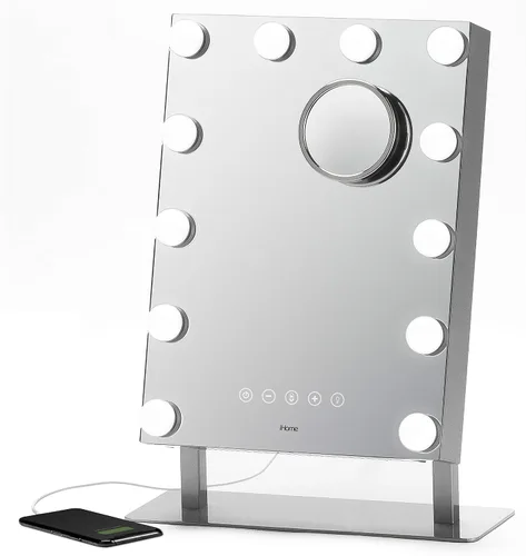 iHome Hollywood - Espejo de tocador PRO con Bluetooth integrado, control de voz, entrada USB y altavoz – Espejo de maquillaje LED de 16" x 12" con