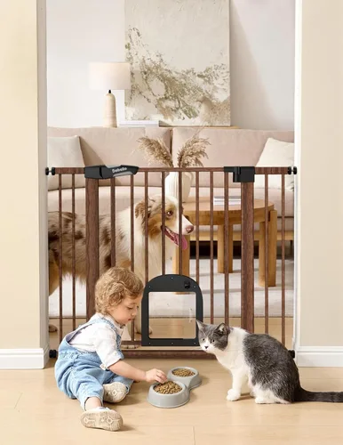 Vista 11 de Babelio Puerta de bebé mejorada con puerta para gatos, puerta duradera de 29-43 pulgadas para perros, para escaleras, puertas y casa, puerta de Negro