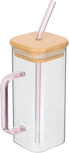 Luxshiny Vaso de vidrio transparente con asa y tapa, vaso de bebida de 5.31 pulgadas para leche, jugo, agua, café helado, hogar, cocina Rosa