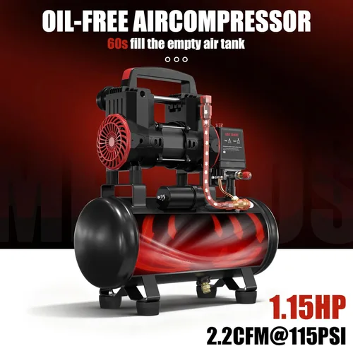 Vista 3 de Compresor de aire portátil con tanque de acero de 3 galones, 1.15 HP 2.2 CFM @ 90 PSI, compresor de aire sin aceite de 116 PSI máx. para garaje, uso
