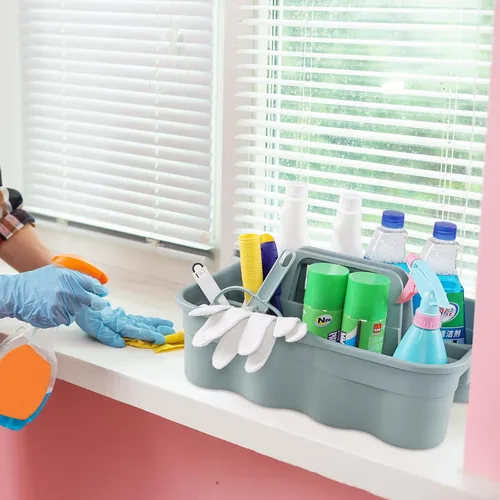 Vista 5 de Paquete de 4 cajas de limpieza de plástico con asa, organizador de herramientas de limpieza de plástico, gris