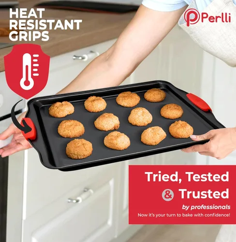 Vista 6 de PERLLI Juego de 3 moldes antiadherentes para hornear, acero al carbono sin BPA, con asas de silicona, juego de horno de cocina apilable, bandeja