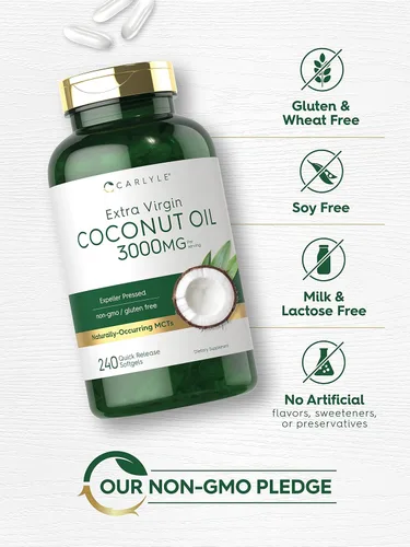 Vista 4 de Carlyle Cápsulas de cápsulas blandas extra virgen de aceite de coco 3000 mg 240 unidades MCT de origen natural Suplemento sin OMG y sin