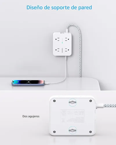 Vista 6 de Protector de sobretensiones y tira de alimentación - HANYCONY 8 salidas 4 puertos de carga USB (2 USB C), extensor de enchufe múltiple, cable