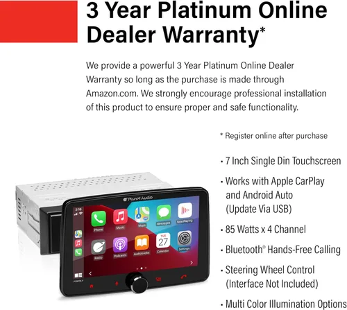 Vista 3 de Planet Audio P70CPA-F Estéreo para automóvil - Apple CarPlay, Android Auto, Single Din, pantalla táctil de 7 pulgadas, Bluetooth, sin reproductor