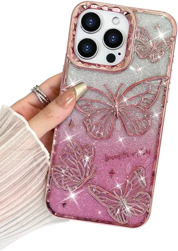 Vista 19 de BITOBE Diseñada para iPhone 16 Pro Max, Bonita Funda de Mariposa 3D Delgada con Chapado Brillante Reluciente de Lujo para Mujeres y Niñas Protectora