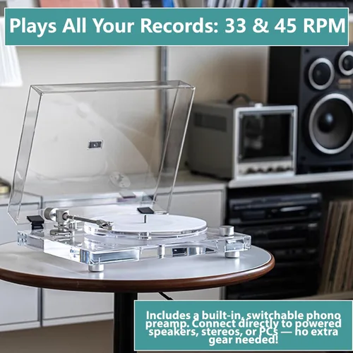 Vista 8 de Tocadiscos de vinilo, tocadiscos con Bluetooth 5.3, preamplificador integrado, doble velocidad 33/45 RPM, brazo de fibra de carbono, diseño acrílico