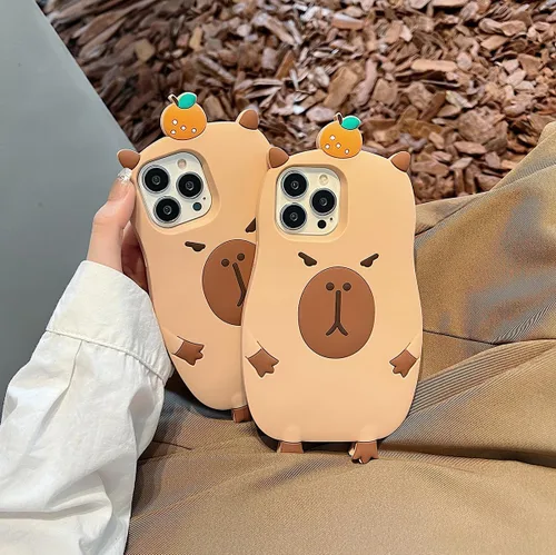 Vista 7 de Funda para iPhone 13, funda Kawaii para teléfono con dibujos animados 3D, diseño de capibara, de goma de silicona suave, a prueba de golpes, funda