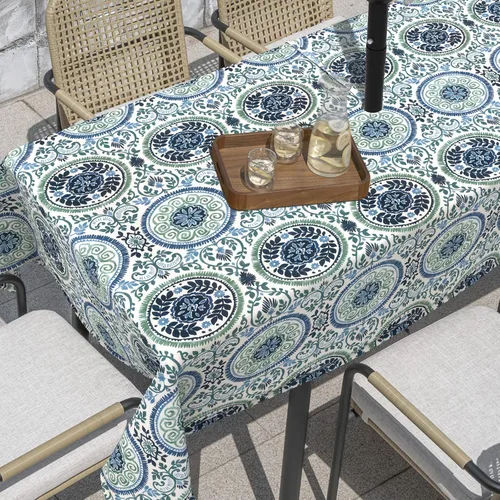 Vista 22 de Outdoor/Indoor Round Tablecloth with Umbrella Hole Zipper, Decorative Circular Table Cover for Home Garden, 60 Inch, Azure Bloom