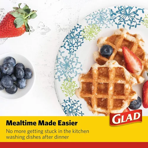 Vista 6 de Glad Platos desechables redondos de papel, patrón de hortensia azul - Platos decorativos fuertes, resistentes, impermeables y aptos para microondas