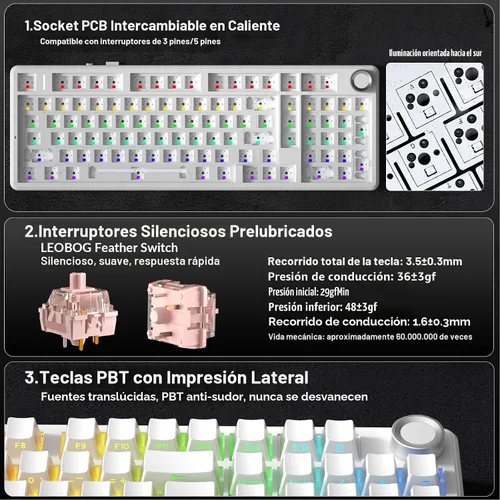 Vista 5 de AULA F99 Pro Teclado Mecánico Inalámbrico - Versión Silenciosa, BT5.0/2.4GHz/USB-C Personalizado Intercambiable en Caliente, Estructura de Junta