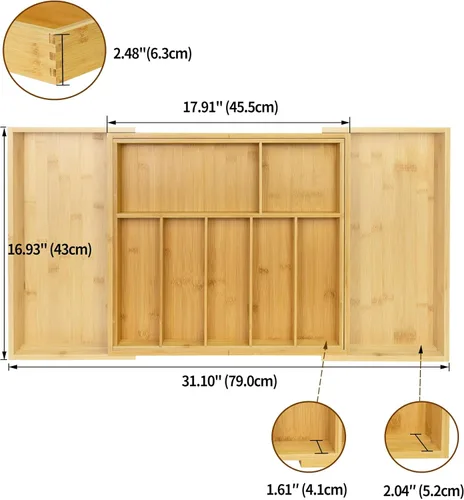 Vista 3 de Utoplike Organizador de cajones de cocina extra grande, soporte de cajón de bambú expandible para utensilios, cubiertos, bandeja de cubiertos de 7 a