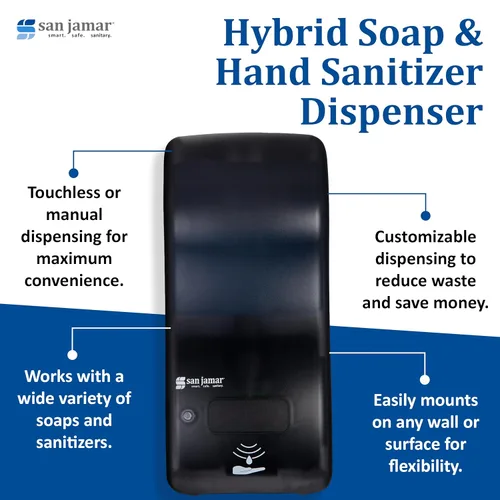 Vista 3 de San Jamar Classic Rely - Dispensador de jabón electrónico híbrido para manos con compatibilidad universal para el hogar, baño, cocina, baños
