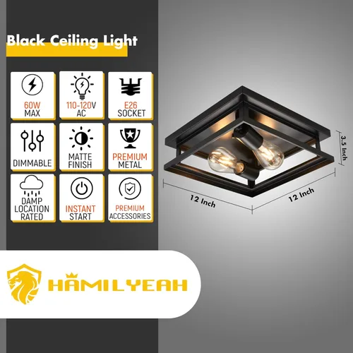 Vista 2 de Hamilyeah Lámpara de techo de montaje empotrado de granja, 2 luces, luz de techo para pasillo, color negro, lámpara de techo de cocina para montaje