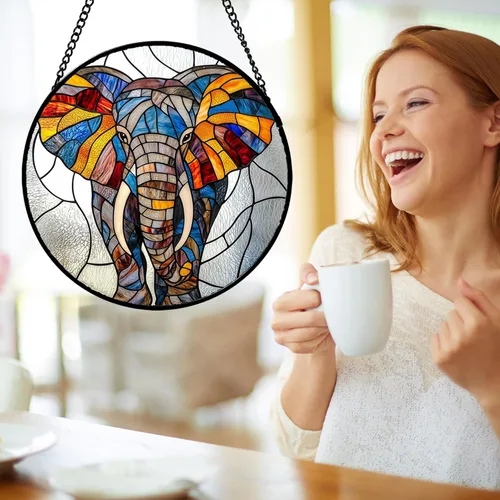 Vista 3 de Atrapasoles de Vidrio Manchado para Colgar en Ventana, Elefante Colorido para Capturar el Sol para Puerta, Decoración del Hogar, Atrapasoles