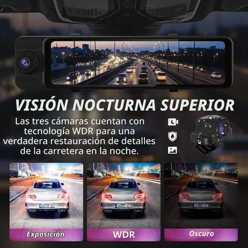 Vista 7 de Cámara de tablero de espejo de 3 canales con frontal 3K, cabina y trasera 1080P, cámara de espejo retrovisor de 11 pulgadas con WiFi/visión