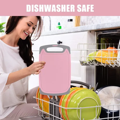 Vista 5 de Juego de 4 tablas de cortar de plástico para cocina, con patas antideslizantes y ranura profunda para jugo, mango de fácil agarre, aptas