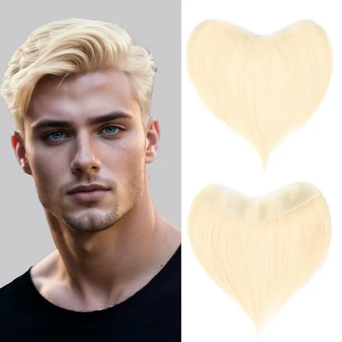 Vista 9 de Extensión frontal de cabello rubio claro para hombres, extensión de cabello lacio con pérdida de línea de cabello humano con cinta adhesiva