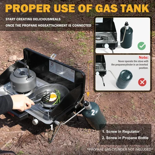 Vista 6 de Feasto Estufa de campamento de propano de 2 quemadores con patas plegables, estufa de campamento portátil para exteriores con botón de encendido