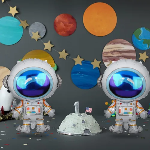 Vista 5 de 2 globos de aluminio con forma de astronautas grandes de Mylar para decoración de fiesta de cumpleaños con temática espacial del universo