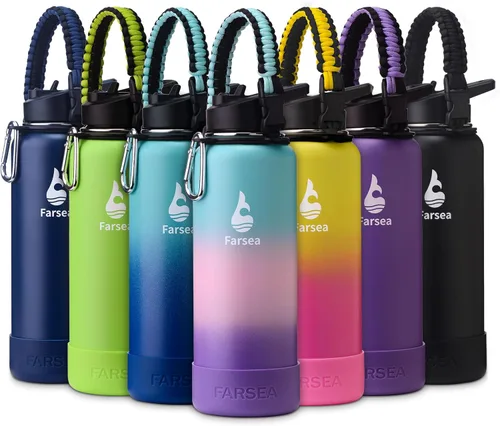 Vista 14 de Botella de agua Farsea aislada con asa de paracord, protector y 2 tapas (tapa de pajita y tapa de boquilla), de acero inoxidable, boca ancha, doble