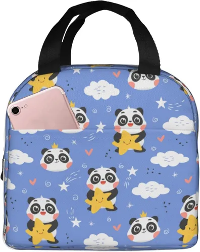 Vista 10 de Bolsa de almuerzo con diseño de oso panda y bambú para mujeres y hombres, con bonito estampado de panda, contenedor aislado con bolsillo frontal