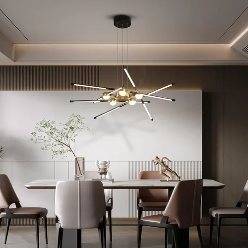 Vista 3 de Candelabro negro moderno, lámpara Sputnik con 10 luces, regulable, enchufable, lámpara de techo colgante incrustada, lámpara colgante LED dorada