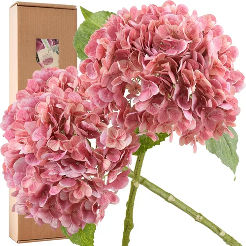 Vista 15 de FiveSeasonStuff Flores de hortensias de seda Real Touch, 2 flores artificiales grandes de tallo largo para arreglos florales (naranja otoño)