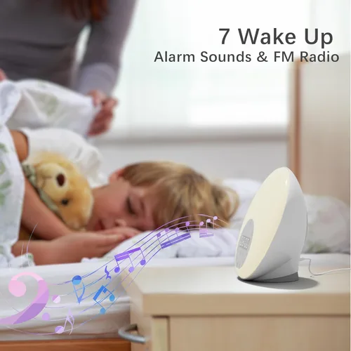 Vista 5 de ANTDALIS Reloj Despertador de Amanecer con Máquina de Sonido de Ruido Blanco de 26 Sonidos Tranquilizadores, 7 Luces Nocturnas, Luz de Despertar