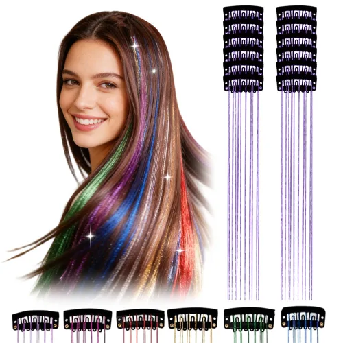 Vista 14 de 12 extensiones de cabello con clip, color champán, extensiones de cabello de oropel con clip, extensiones de cabello con purpurina para niñas
