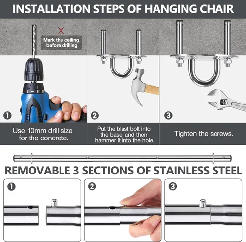 Vista 7 de Silla hamaca colgante con cuerda – Silla colgante para dormitorio, patio, interior, exterior, hamaca columpio de acero resistente con anillos