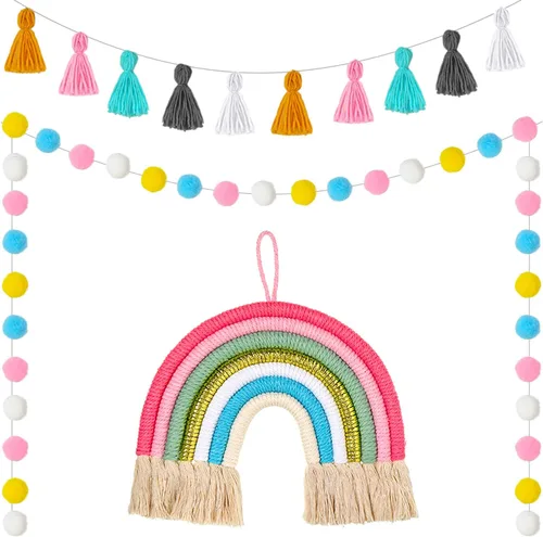 Boao Guirnalda bohemia de 3 piezas con borlas de arco iris, decoración colorida pastel de macramé, bola de algodón, decoración para colgar en la